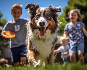 Dog and children running together on grass.