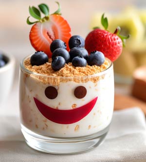 Cup of yogurt with fruit and grains added. Cup has a smiley face on it.