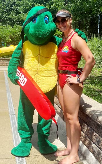 West Chicago Park District aquatic mascot Tortuga and Lifeguard Emma Tate.