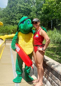 West Chicago Park District aquatic mascot Tortuga and Lifeguard Emma Tate.