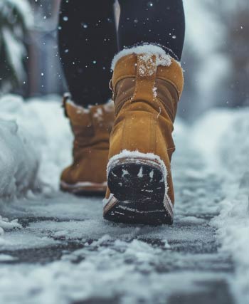 Female in winter boots shown from the calf down, walking on a winter sidewalk.