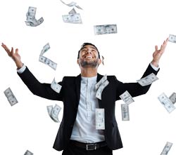 Businessperson with arms spread and money raining down on them.