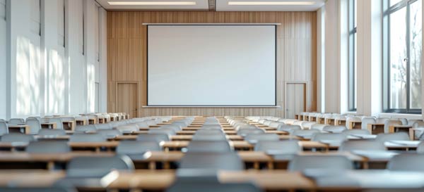 Empty conference room with projection screen pulled down at the front.