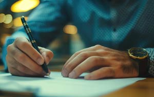 Close up of hands holding a pen and writing on a piece of paper.